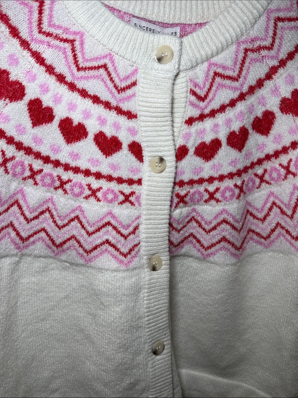 NWT Sincerly Jules Cream Cardigan with Pink & Red Heart Fair Isle size M - Picture 5 of 7